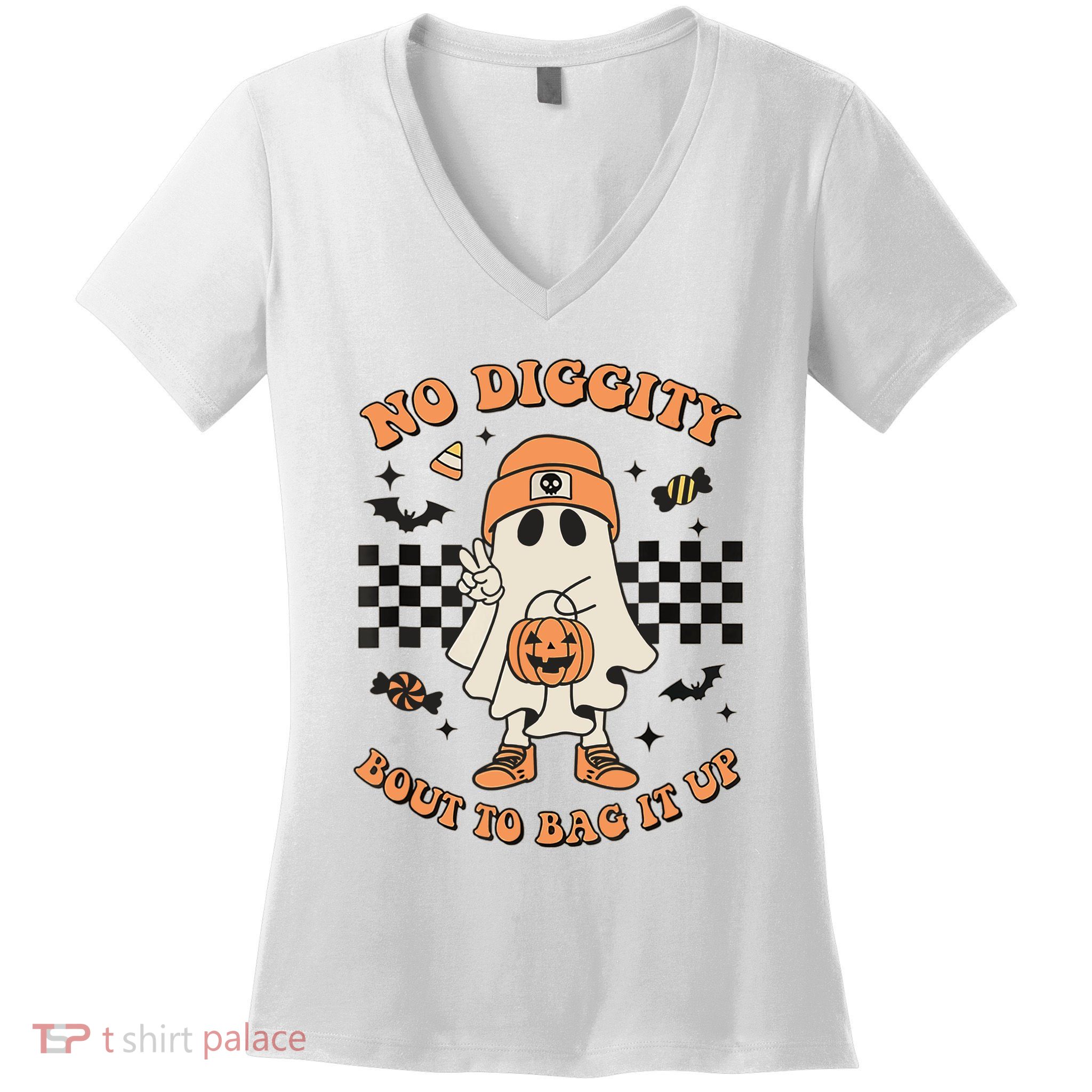 Halloween Ghost No Diggity Bout To Bag It Up Women's V-Neck T-Shirt