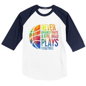 Hoops Girl Never Underestimate A Girl Who Plays Basketball Baseball Sleeve Shirt