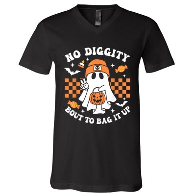 Halloween Ghost No Diggity Bout To Bag It Up V-Neck T-Shirt