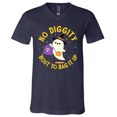 Halloween Ghost No Diggity Bout To Bag It Up V-Neck T-Shirt