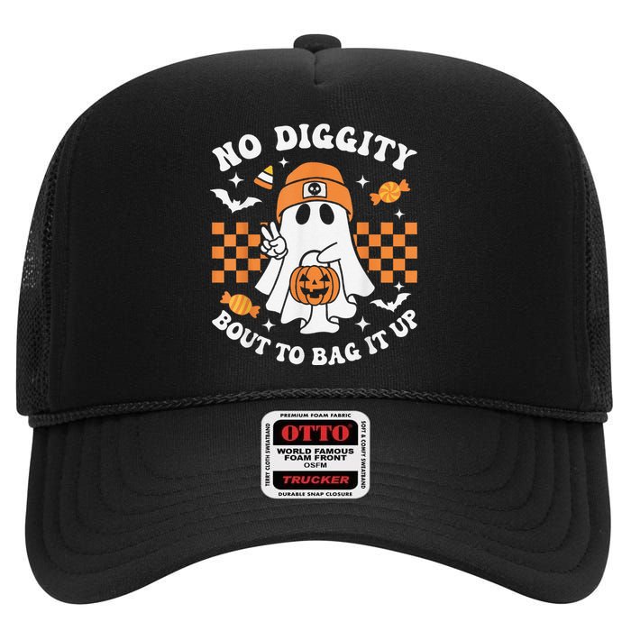 Halloween Ghost No Diggity Bout To Bag It Up High Crown Mesh Back Trucker Hat