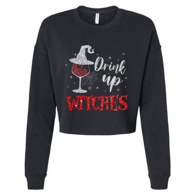 Halloween Glass Of Wine Drink Up Witches Funny Drinking Wine Cropped Pullover Crew