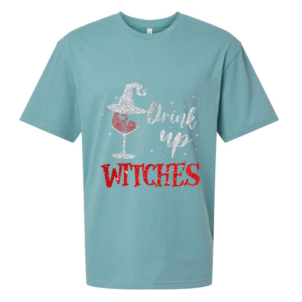 Halloween Glass Of Wine Drink Up Witches Funny Drinking Wine Sueded Cloud Jersey T-Shirt