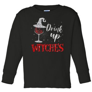 Halloween Glass Of Wine Drink Up Witches Funny Drinking Wine Toddler Long Sleeve Shirt