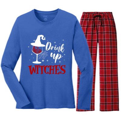 Halloween Glass Of Wine Up Witches Funny Ing Wine Gift Women's Long Sleeve Flannel Pajama Set 