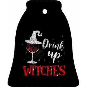 Halloween Glass Of Wine Drink Up Witches Ceramic Bell Ornament