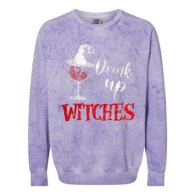 Halloween Glass Of Wine Drink Up Witches Funny Drinking Wine Colorblast Crewneck Sweatshirt