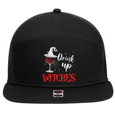 Halloween Glass Of Wine Drink Up Witches Funny Drinking Wine 7 Panel Mesh Trucker Snapback Hat