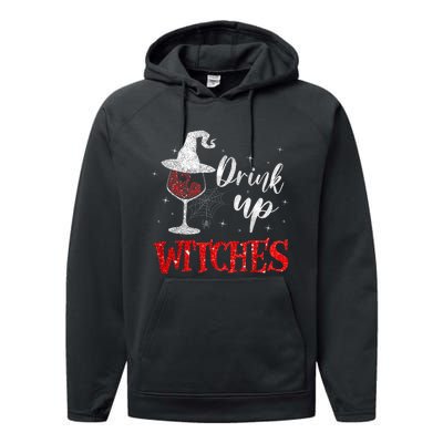 Halloween Glass Of Wine Drink Up Witches Funny Drinking Wine Performance Fleece Hoodie