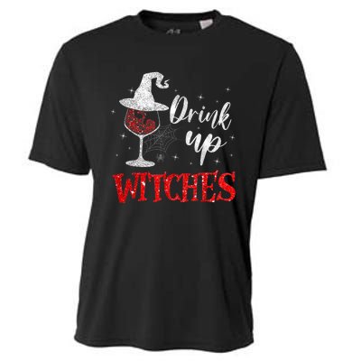 Halloween Glass Of Wine Drink Up Witches Funny Drinking Wine Cooling Performance Crew T-Shirt