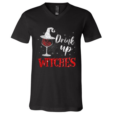 Halloween Glass Of Wine Drink Up Witches Funny Drinking Wine V-Neck T-Shirt