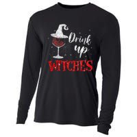 Halloween Glass Of Wine Drink Up Witches Funny Drinking Wine Cooling Performance Long Sleeve Crew