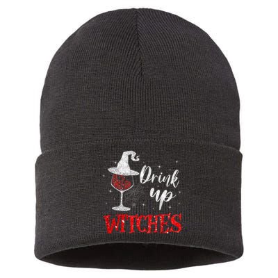 Halloween Glass Of Wine Drink Up Witches Funny Drinking Wine Sustainable Knit Beanie