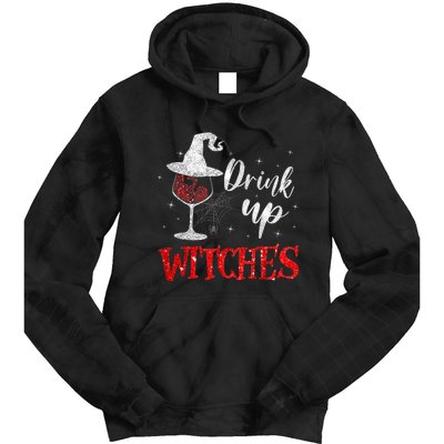 Halloween Glass Of Wine Drink Up Witches Funny Drinking Wine Tie Dye Hoodie