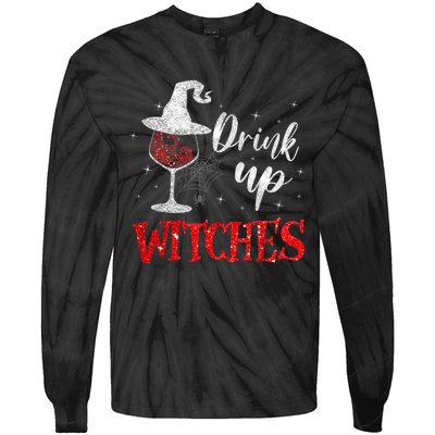 Halloween Glass Of Wine Drink Up Witches Funny Drinking Wine Tie-Dye Long Sleeve Shirt