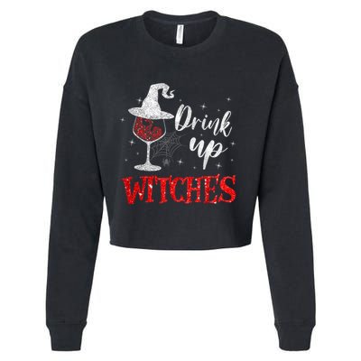 Halloween Glass Of Wine Drink Up Witches Funny Drinking Wine Cropped Pullover Crew