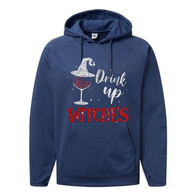 Halloween Glass Of Wine Drink Up Witche Performance Fleece Hoodie