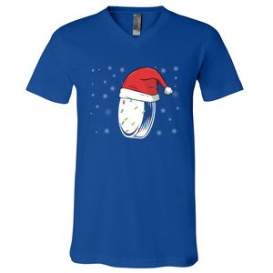 Hockey Game Puck Santa Hat Funny Christmas Hockey Player Great Gift V-Neck T-Shirt