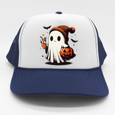 Halloween Ghost Pumpkin Fall Drinks Spooky Beanie Trucker Hat