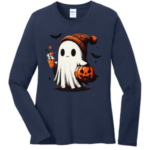 Halloween Ghost Pumpkin Fall Drinks Spooky Beanie Ladies Long Sleeve Shirt