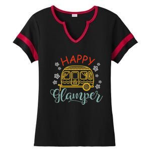 Happy Glamper Quote Adventure Awaits Funny Camper Camp Ladies Halftime Notch Neck Tee