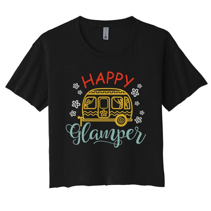 Happy Glamper Quote Adventure Awaits Funny Camper Camp Women's Crop Top Tee