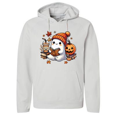 Halloween Ghost Reading Book Lovers Cute Ghost Coffee Women Performance Fleece Hoodie