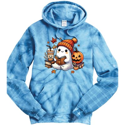 Halloween Ghost Reading Book Lovers Cute Ghost Coffee Women Tie Dye Hoodie