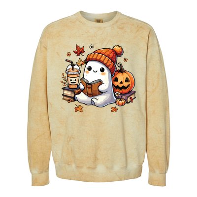 Halloween Ghost Reading Book Lovers Cute Ghost Coffee Women Colorblast Crewneck Sweatshirt