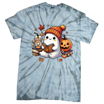 Halloween Ghost Reading Book Lovers Cute Ghost Coffee Women Tie-Dye T-Shirt