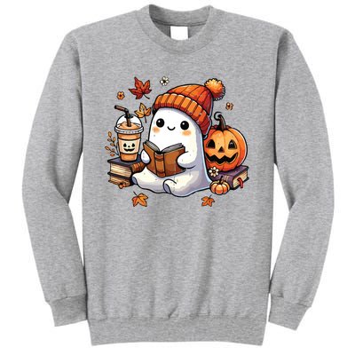 Halloween Ghost Reading Book Lovers Cute Ghost Coffee Women Tall Sweatshirt