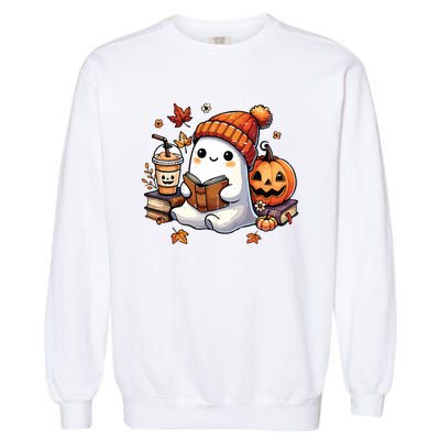 Halloween Ghost Reading Book Lovers Cute Ghost Coffee Women Garment-Dyed Sweatshirt