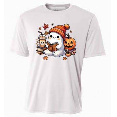 Halloween Ghost Reading Book Lovers Cute Ghost Coffee Women Cooling Performance Crew T-Shirt