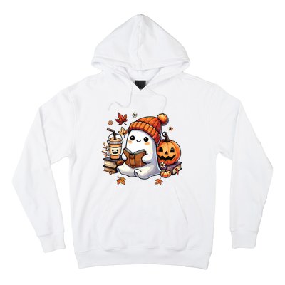 Halloween Ghost Reading Book Lovers Cute Ghost Coffee Women Hoodie