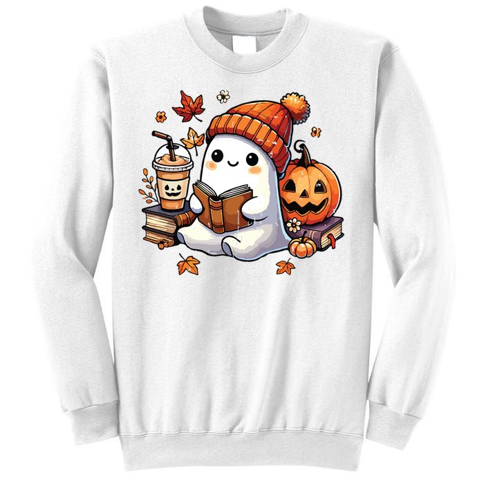 Halloween Ghost Reading Book Lovers Cute Ghost Coffee Women Sweatshirt