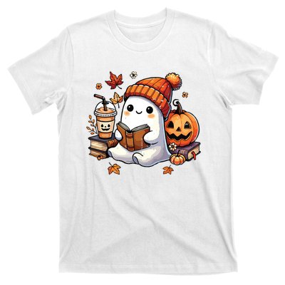 Halloween Ghost Reading Book Lovers Cute Ghost Coffee Women T-Shirt