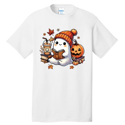 Halloween Ghost Reading Book Lovers Cute Ghost Coffee Women Tall T-Shirt