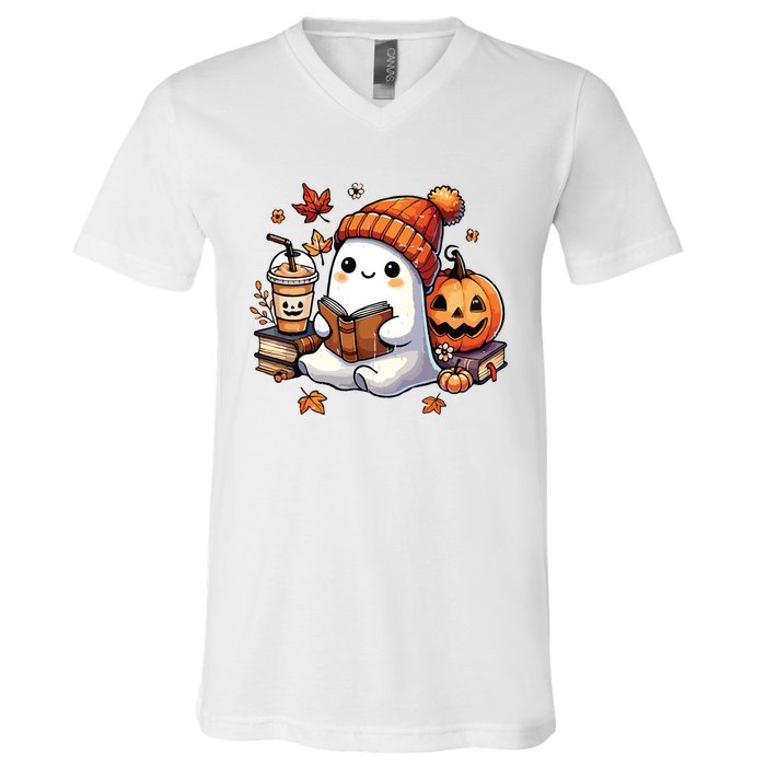 Halloween Ghost Reading Book Lovers Cute Ghost Coffee Women V-Neck T-Shirt