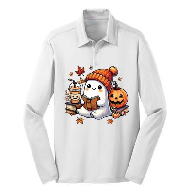 Halloween Ghost Reading Book Lovers Cute Ghost Coffee Women Silk Touch Performance Long Sleeve Polo