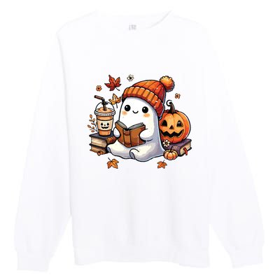 Halloween Ghost Reading Book Lovers Cute Ghost Coffee Women Premium Crewneck Sweatshirt