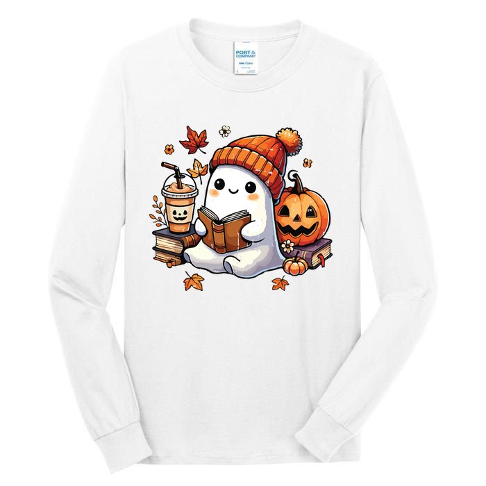 Halloween Ghost Reading Book Lovers Cute Ghost Coffee Women Tall Long Sleeve T-Shirt