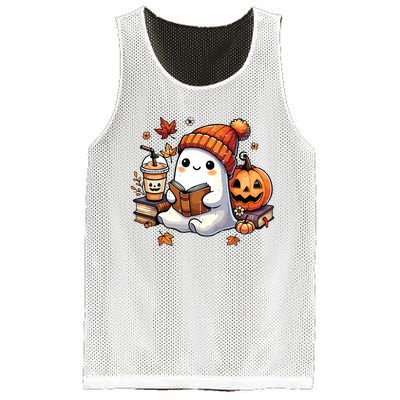 Halloween Ghost Reading Book Lovers Cute Ghost Coffee Women Mesh Reversible Basketball Jersey Tank