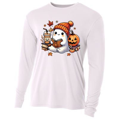 Halloween Ghost Reading Book Lovers Cute Ghost Coffee Women Cooling Performance Long Sleeve Crew