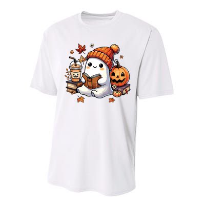 Halloween Ghost Reading Book Lovers Cute Ghost Coffee Women Performance Sprint T-Shirt