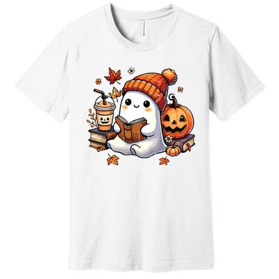 Halloween Ghost Reading Book Lovers Cute Ghost Coffee Women Premium T-Shirt