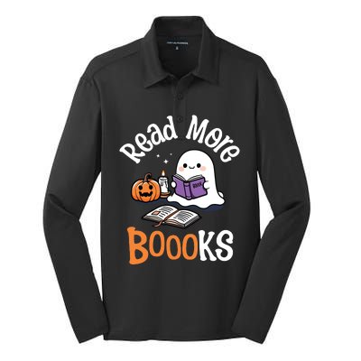 Halloween Ghost Reading Read More Books Librarian Teacher Silk Touch Performance Long Sleeve Polo