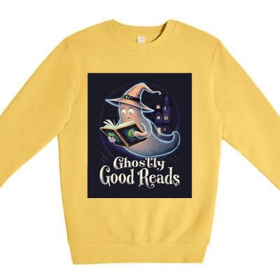 Halloween Ghost Reading Book Spooky Teacher Humor Premium Crewneck Sweatshirt