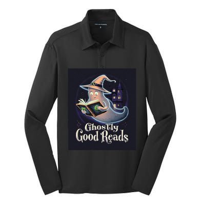 Halloween Ghost Reading Book Spooky Teacher Humor Silk Touch Performance Long Sleeve Polo