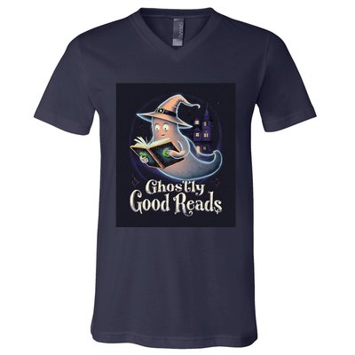 Halloween Ghost Reading Book Spooky Teacher Humor V-Neck T-Shirt