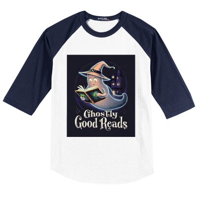 Halloween Ghost Reading Book Spooky Teacher Humor Baseball Sleeve Shirt